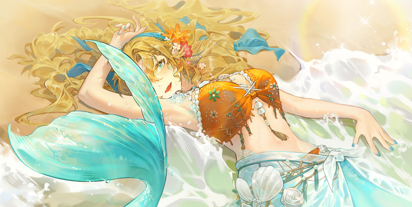 1girl :d absurdres aqua_eyes arm_up armpits bare_shoulders beach bikini blonde_hair blue_hairband breasts cleavage commentary cowboy_shot fang flower hair_between_eyes hair_flower hair_ornament hair_spread_out hairband highres large_breasts lens_flare long_hair looking_at_viewer lying mermaid midriff mole mole_under_eye monster_girl navel nell_ro ocean official_alternate_costume on_back one_eye_covered open_mouth orange_bikini orange_flower red_flower reverse:1999 sand sarong scales sidelocks smile solo swimsuit vila_(by_the_painted_city)_(reverse:1999) vila_(reverse:1999) white_sarong