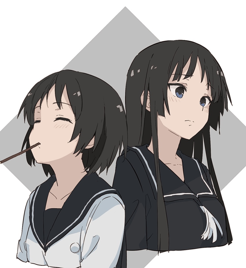 2girls black_hair blue_eyes blue_shirt blunt_ends blunt_sidelocks blush breasts buttons closed_eyes closed_mouth commentary_request cropped_torso double-breasted eyelashes food food_in_mouth ga-rei ga-rei_zero grey_background highres isayama_yomi long_hair mouth_hold multiple_girls pocky pocky_in_mouth rauto school_uniform serafuku shirt short_hair sidelocks small_breasts straight_hair tsuchimiya_kagura white_background white_shirt