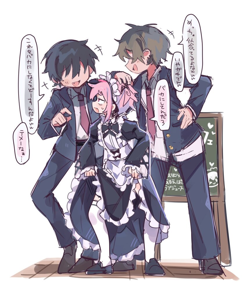 3boys black_bow black_bowtie black_dress black_footwear black_hair black_pants black_vest blue_eyes blush bow bowtie brown_hair clothes_lift crossdressing crossdressing_(mtf) dress dress_lift fang frilled_dress frilled_sleeves frills full_body hand_on_another&#039;s_head hand_on_own_hip hand_up heterochromia highres knees_bent long_sleeves looking_at_another looking_to_the_side maid maid_headdress male_focus male_maid multiple_boys necktie open_mouth original pants pink_eyes pink_hair ponytail raito-kun_(uenomigi) red_necktie shirt short_hair short_ponytail side_ponytail simple_background smile speech_bubble standing sweatdrop thighhighs translation_request trap uenomigi vest white_background white_shirt white_thighhighs