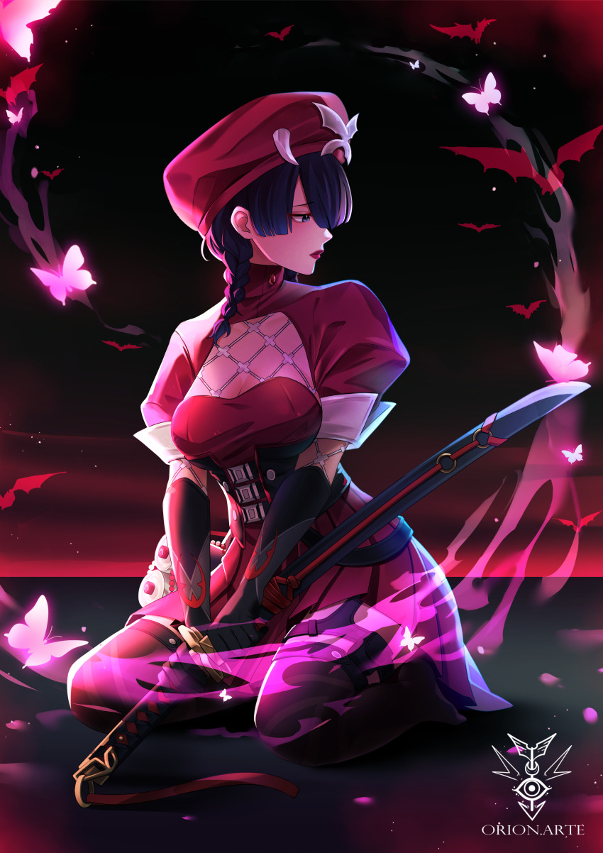 1girl absurdres black_gloves black_hair blue_eyes braid breasts bug butterfly dress elbow_gloves gloves hair_over_one_eye hat highres insect long_hair marvel marvel_rivals official_alternate_costume psylocke psylocke_(blood_kariudo) red_dress red_hat sad solo sword thighhighs twin_braids user_fhxa7285 weapon x-men