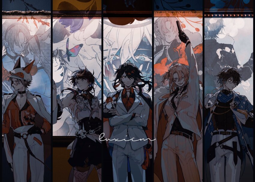 5boys ;d animal_ears animal_hat arm_up belt belt_buckle belt_pouch black_belt black_collar black_corset black_gloves black_hair black_kimono black_shirt black_shorts blonde_hair blue_hair box_tenshi breast_pocket brown_belt brown_hair buckle buttons capelet chest_tattoo choker closed_mouth coat coat_on_shoulders collar collarbone collared_shirt column_lineup commentary_request corset crossed_arms demon_wings detached_sleeves earrings eyeliner eyewear_strap fake_animal_ears floating_hair floral_print fox_ears fur-trimmed_sleeves fur_coat fur_trim glasses gloves gradient_hair green_eyes grey_hair gun hair_between_eyes hair_over_one_eye hand_on_own_hip handgun hat highres holding holding_gun holding_weapon ike_eveland ike_eveland_(1st_costume) jacket japanese_clothes jewelry jtei kimono kimono_on_shoulders lapels long_hair looking_at_viewer looking_to_the_side lower_teeth_only luca_kaneshiro luca_kaneshiro_(1st_costume) luxiem makeup male_focus medium_hair multicolored_hair multicolored_shirt multiple_boys mysta_rias mysta_rias_(1st_costume) necklace nijisanji nijisanji_en o-ring o-ring_belt one_eye_closed one_side_up oni_giri_(vox_akuma) open_clothes open_coat open_mouth orange-tinted_eyewear orange_shirt pants parted_bangs picture_frame pinstripe_jacket pinstripe_pants pinstripe_pattern pocket pocket_square pouch purple_eyes purple_hair red_choker red_eyeliner round_eyewear shirt shirt_tucked_in short_hair short_sidetail shorts shu_yamino shu_yamino_(1st_costume) single_earring sleeveless sleeveless_shirt smile spikes standing streaked_hair striped_clothes striped_shirt swept_bangs tassel tassel_earrings tattoo teeth tinted_eyewear turtleneck vertical-striped_clothes vertical-striped_shirt virtual_youtuber vox_akuma vox_akuma_(1st_costume) weapon white_capelet white_coat white_hat white_jacket white_pants white_shirt wide_sleeves wings yellow_eyes