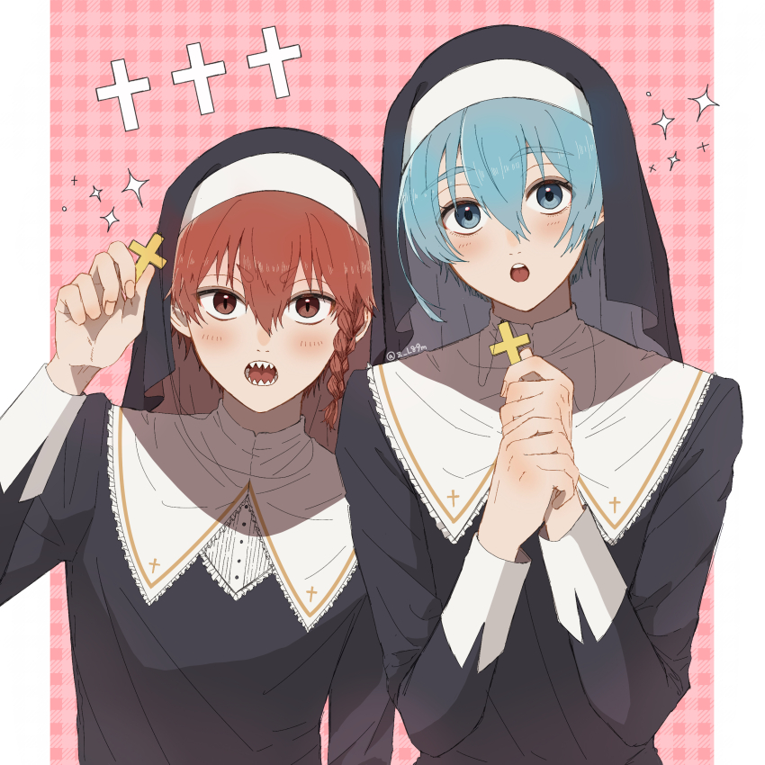 2boys absurdres black_dress black_headwear blue_eyes blue_hair blue_lock braid cross cross_necklace dress habit highres holding holding_cross jewelry kurona_ranze long_sleeves male_focus multiple_boys necklace nun open_mouth red_eyes red_hair sharp_teeth shinonome_kanon_(z_l89m) short_eyebrows short_hair side_braid single_braid teeth traditional_nun upper_body v-shaped_eyebrows veil you_hiori