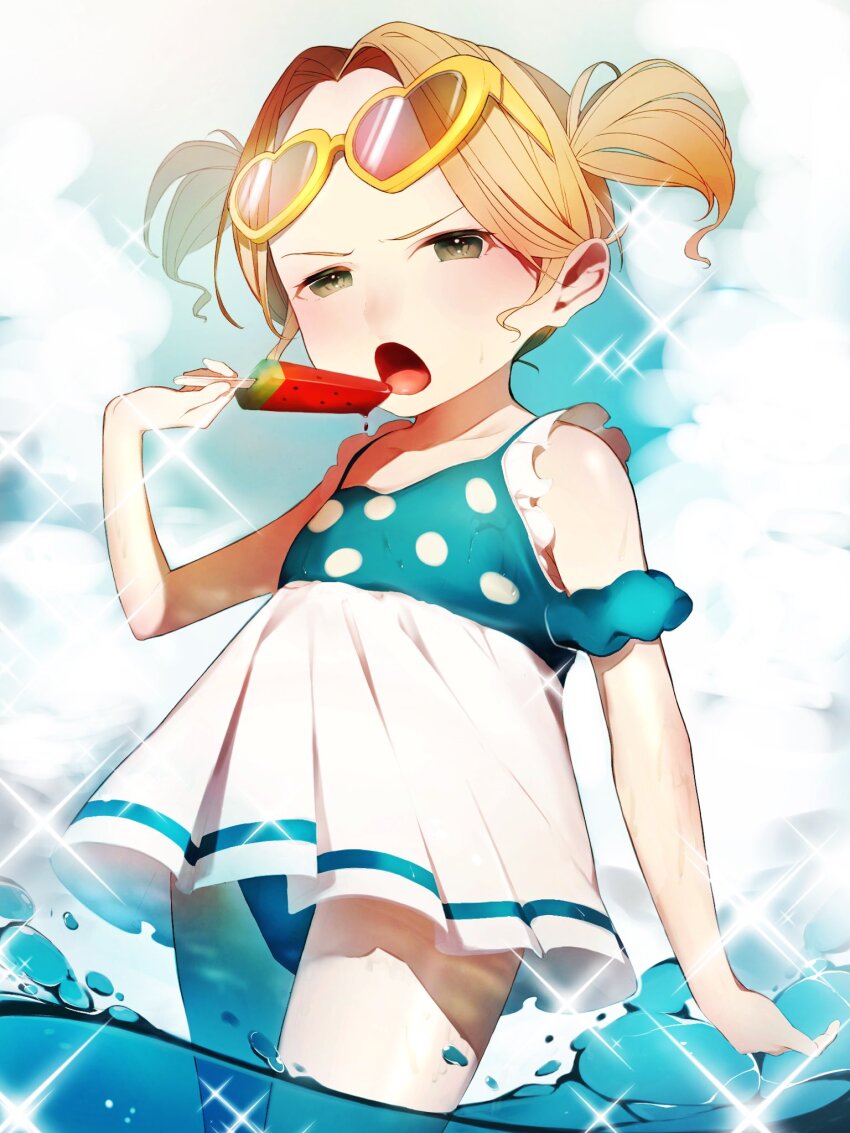 1girl arm_scrunchie black_eyes blue_sky brown_hair classicaloid cloud collarbone commentary eyewear_on_head food heart heart-shaped_eyewear highres looking_at_viewer one-piece_swimsuit open_mouth popsicle pyotr_illyich_tchaikovsky_(classicaloid) short_hair sky solo swimsuit tarutaru_s0urce two_side_up water_drop watermelon_bar