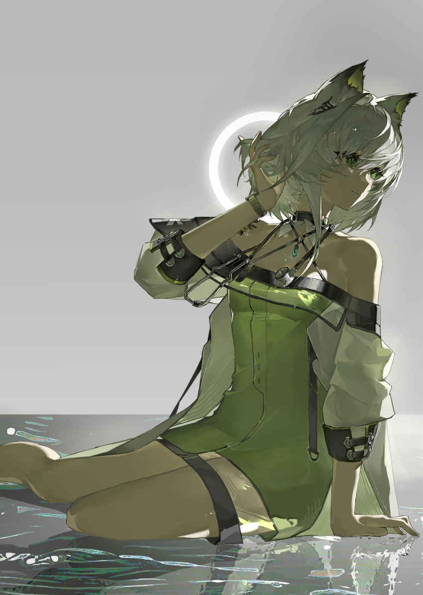 1girl absurdres adjusting_hair animal_ears arknights backlighting breasts cat_ears cat_girl closed_mouth commentary deawei dress green_dress green_eyes highres kal&#039;tsit_(arknights) medium_hair ring_light sitting small_breasts solo stethoscope three-quarter_sleeves watch white_hair wristwatch
