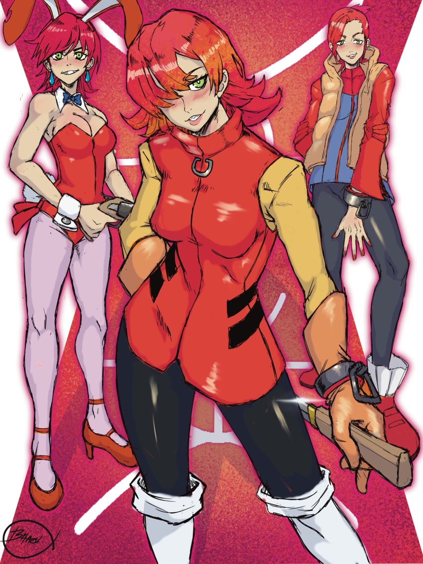 3girls animal_ears bhazuart black_pants blush boots brown_sleeves brown_vest earrings fake_animal_ears fake_tail fingernails flcl full_body green_eyes gun haruhara_haruko high_heels highres holding holding_gun holding_knife holding_weapon jacket jewelry knife latex leotard looking_at_viewer multiple_girls pants pantyhose purple_hair rabbit_tail red_jacket red_leotard red_nails red_shirt red_shoes ribbon sharp_teeth shirt shoes short_hair signature smile tail teeth upper_body upper_teeth_only vest weapon white_boots white_pantyhose wrist_cuffs