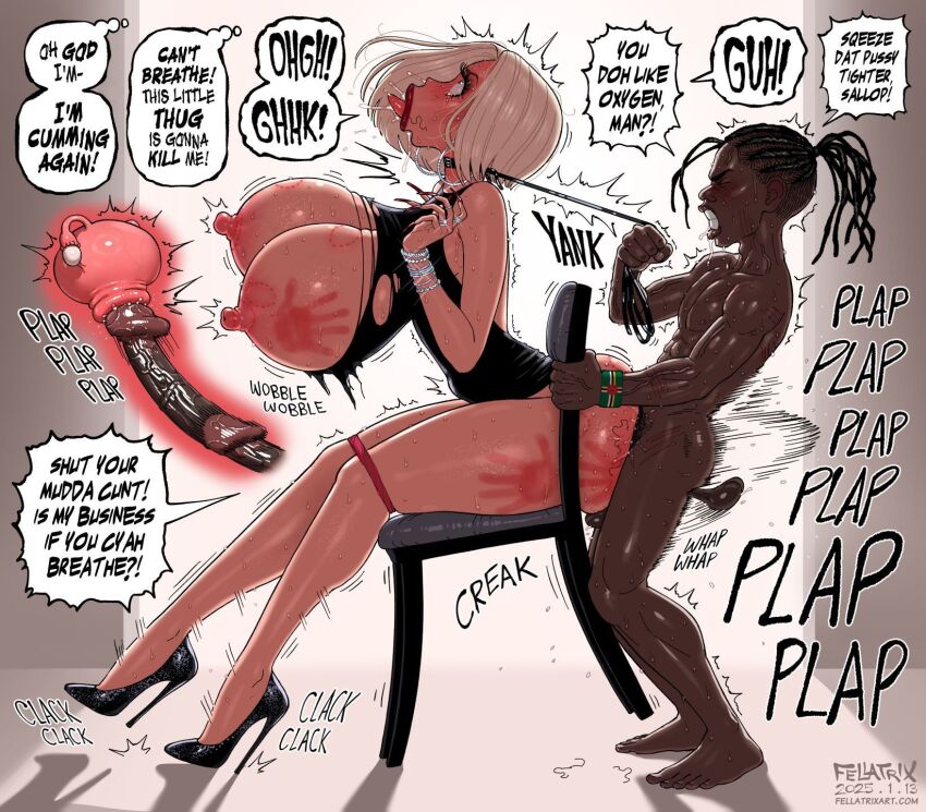 1boy 1girl ahegao bite_mark blue_eyes blush braid braided_ponytail breast_slap breasts chair closed_eyes clothed_female_nude_male clothed_sex courtney_(fellatrix) dark-skinned_male dark_skin english_text fellatrix highres huge_breasts large_penis long_hair looking_at_viewer makeup muscular muscular_male nipples nude original penis ponytail sex sex_from_behind sitting size_difference slap_mark speech_bubble straddling stray_pubic_hair surprised testicles tongue tongue_out torn_clothes vaginal x-ray
