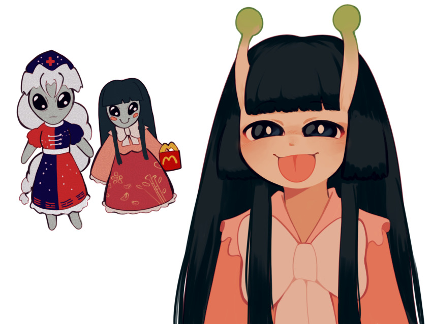 2girls bamboo_print black_eyes black_hair blue_dress blue_headwear blunt_bangs bow bowtie clem_(calmeremerald) dress grey_hair happy_meal hat hime_cut houraisan_kaguya huge_bowtie japanese_clothes long_hair long_sleeves looking_at_viewer mcdonald&#039;s multicolored_dress multiple_girls nurse_cap pink_shirt print_skirt puffy_short_sleeves puffy_sleeves red_dress red_skirt shirt short_sleeves simple_background skirt smile touhou very_long_hair white_background white_bow white_bowtie yagokoro_eirin