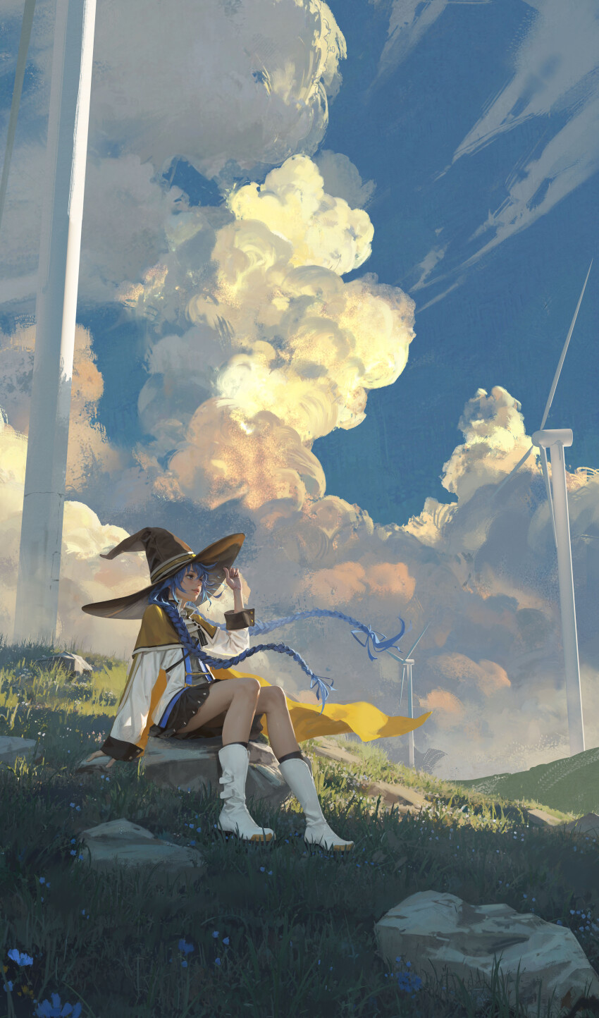 1girl absurdres blue_hair blue_sky boots braid brown_cape cape cloud floating_hair grass hat highres mushoku_tensei outdoors roxy_migurdia rui_li sky twin_braids white_boots wind wind_turbine windmill witch_hat