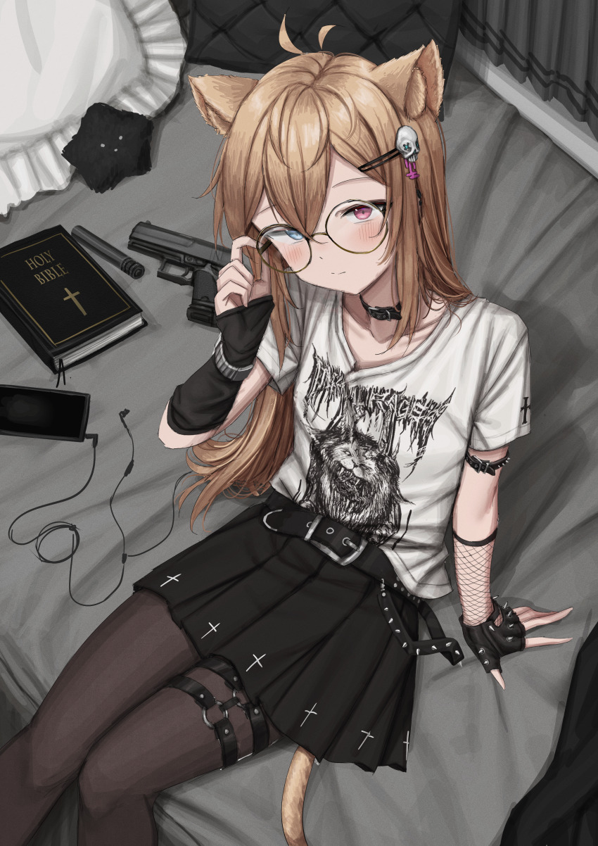 1boy absurdres adjusting_eyewear animal_ears band_shirt belt bible_(object) black_belt black_gloves black_skirt blue_eyes blush cat_ears cat_tail cellphone choker commission cross earbuds earphones fingerless_gloves from_above glasses gloves gun h&amp;k_usp hair_ornament handgun heavy_metal heterochromia highres indie_virtual_youtuber itemlabel light_brown_hair lobsteranian male_focus merchandise metal_band_text on_bed pantyhose phone pillow pink_eyes pleated_skirt punk round_eyewear shirt sitting skirt smartphone solo studded_gloves sucklet t-shirt tail trap virtual_youtuber weapon white_shirt yooni_(vtuber)