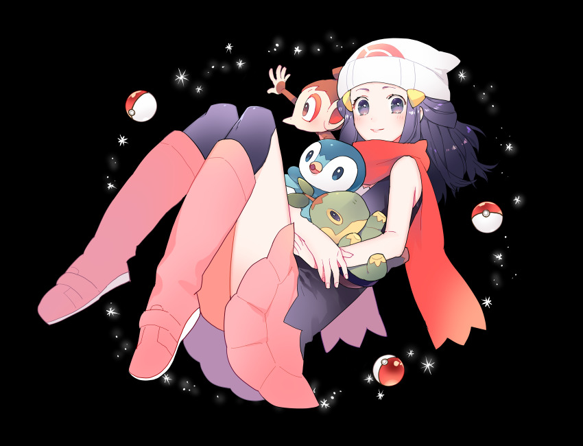1girl bare_arms beanie black_hair blush boots chimchar commentary dawn_(pokemon) gen_4_pokemon gum_(gmng) hair_ornament hairclip hat highres holding looking_at_viewer nintendo over-kneehighs pink_boots piplup poke_ball poke_ball_(basic) pokemon pokemon_(creature) pokemon_dppt red_scarf scarf smile starter_pokemon_trio symbol-only_commentary thighhighs turtwig white_headwear