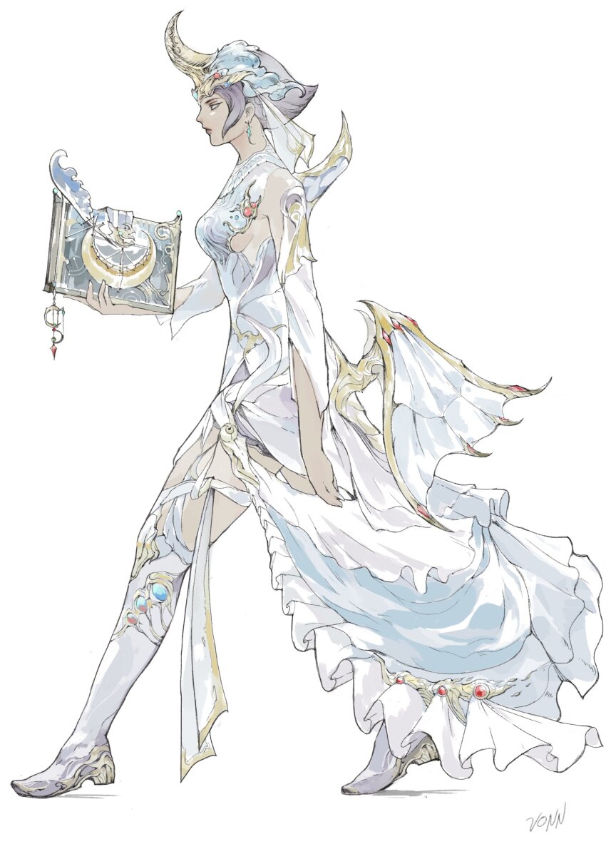 1girl absurdres arizdigitalart book boots closed_mouth dress fake_horns fake_wings final_fantasy final_fantasy_xiv full_body highres holding holding_book horns knee_boots low_wings profile short_hair simple_background single_horn solo summoner_(final_fantasy) walking white_background white_dress wings