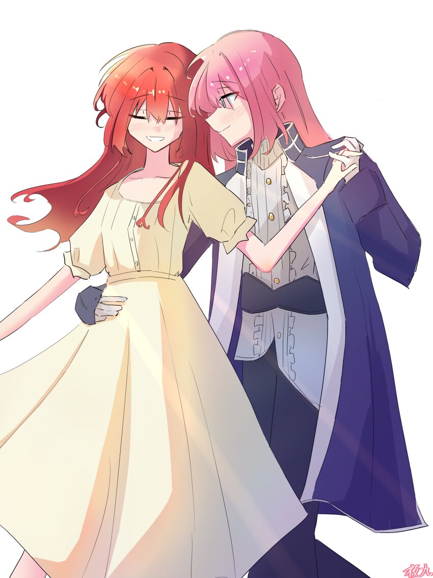 2girls absurdres alternate_costume black_pants blue_coat bocchi_the_rock! center_frills closed_eyes closed_mouth coat dancing dress frilled_shirt frills gotoh_hitori grin hand_on_another&#039;s_hip hand_up hashtag-only_commentary highres holding_hands kita_ikuyo long_hair long_sleeves looking_at_another looking_to_the_side multiple_girls open_clothes open_coat pants pink_hair raised_inner_eyebrows red_hair shirt short_sleeves sidelocks simple_background smile straight_hair white_background white_shirt y9_1229 yellow_dress yuri