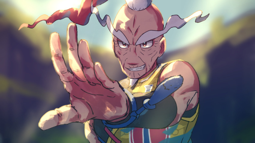1boy blurry blurry_background clenched_teeth day grey_hair hand_up long_eyebrows male_focus mustard_(pokemon) nintendo old old_man orange_eyes outdoors pokemon pokemon_swsh shirt short_hair sky smile solo suruga_dbh teeth wrinkled_skin wristband