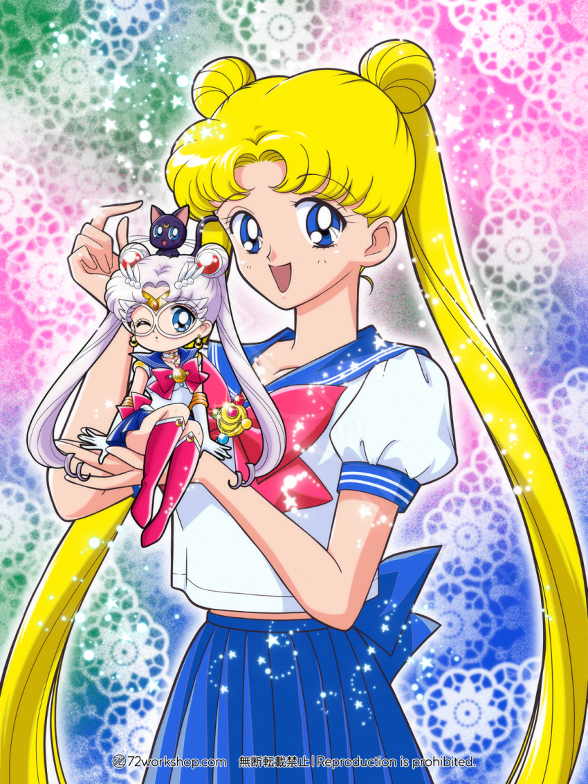 2girls 72workshop :d back_bow bishoujo_senshi_sailor_moon bishoujo_senshi_sailor_moon_(first_season) black_cat blonde_hair blue_bow blue_eyes blue_sailor_collar blue_skirt boots bow brooch cat chibi choker circlet crescent crescent_choker crescent_facial_mark double_bun dual_persona elbow_gloves facial_mark gloves hair_bun hair_ornament highres holding_chibi itou_ikuko_(style) jewelry juuban_middle_school_uniform knee_boots lace_background long_hair looking_at_viewer luna_(sailor_moon) magical_girl mask multicolored_background multiple_girls official_style one_eye_closed open_mouth parted_bangs red_bow red_footwear sailor_collar sailor_moon sailor_moon_(prototype) sailor_senshi_uniform school_uniform serafuku shirt skirt smile sparkle star_(symbol) transformation_brooch_(sailor_moon) tsukino_usagi twintails white_choker white_gloves white_hair white_shirt