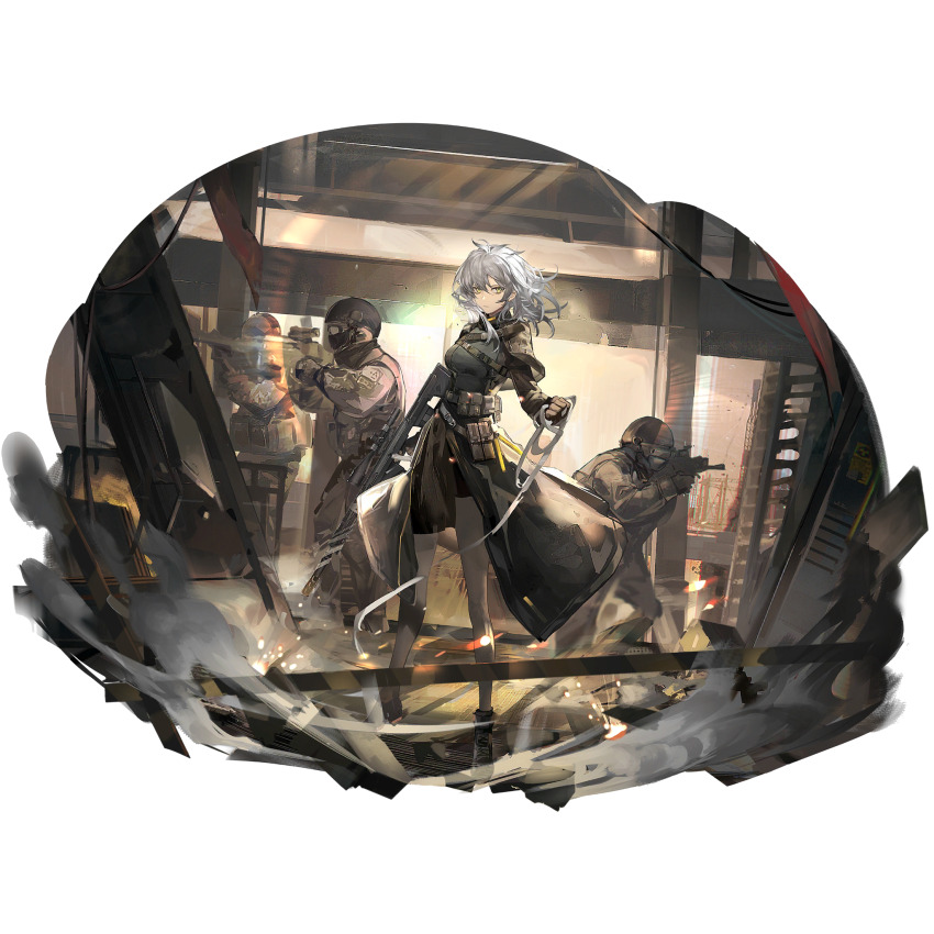 1girl 3others bandages black_pantyhose faux_figurine fingerless_gloves full_body game_cg girls&#039;_frontline girls&#039;_frontline_neural_cloud gloves gun highres holding holding_bandages holding_gun holding_weapon knee_pads looking_at_viewer multiple_others official_art olivia_(neural_cloud) pantyhose porafree scope single_knee_pad solo_focus standing third-party_source transparent_background weapon white_hair yellow_eyes