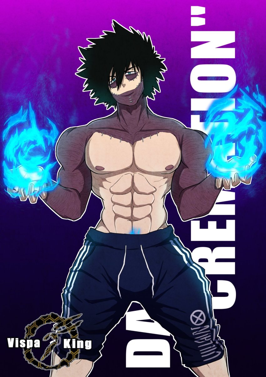 1boy abs attack aura bare_shoulders black_hair blue_eyes blue_fire boku_no_hero_academia burn_scar burning dabi_(boku_no_hero_academia) energy fire gym_uniform highres looking_at_viewer looking_down male_focus muscular muscular_male no_shirt pectorals power pubic_hair scar short_hair