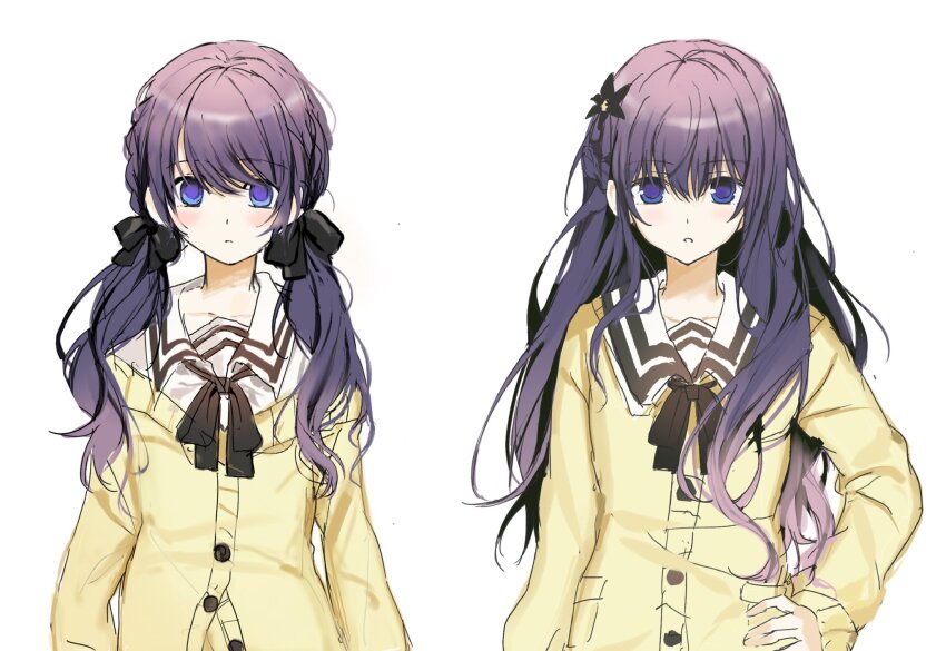 1girl asahina_mafuyu black_bow black_bowtie borrowed_clothes bow bowtie buttons cardigan closed_mouth cocotea collarbone cosplay empty_eyes flower_hairpin hair_between_eyes hair_bow hair_ornament hair_over_shoulder hand_on_own_hip highres kimi_to_kanojo_to_kanojo_no_koi. light_blush long_hair long_sleeves looking_at_viewer low_twintails mukou_aoi_(totono) mukou_aoi_(totono)_(cosplay) multiple_hair_bows multiple_views nitroplus off_shoulder parted_lips pocket project_sekai purple_eyes purple_hair sailor_collar school_uniform serafuku simple_background sone_miyuki sone_miyuki_(cosplay) straight_hair twintails white_background white_sailor_collar white_serafuku yellow_cardigan