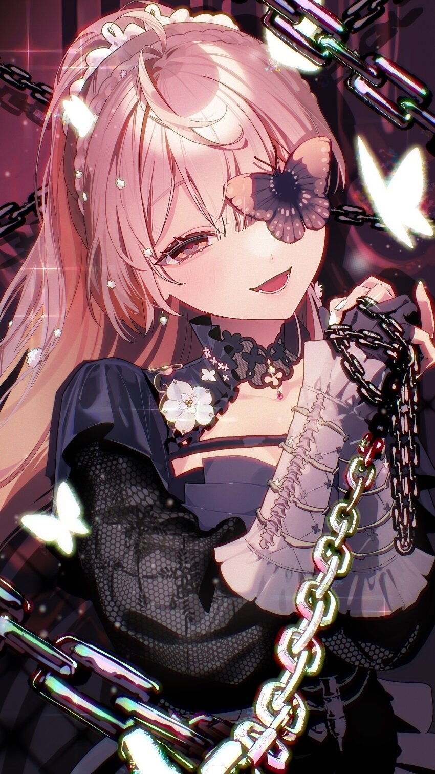 1girl absurdres ahoge black_dress blush breasts brown_eyes brown_hair bug butterfly butterfly_over_eye chain cleavage dress glint glowing_butterfly half-closed_eye highres insect klara_charmwood klara_charmwood_(2nd_costume) long_hair looking_at_viewer maid_headdress mottari_(mottariquestion) nijisanji nijisanji_en open_mouth smile solo virtual_youtuber yandere