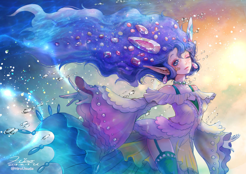 1girl ;| breasts dated earrings elf female_focus gem green_thighhighs jewelry long_hair original pearl_choker pointy_ears ring signature small_breasts solo standing thighhighs twitter_username usuda_hiro very_long_hair wide_sleeves