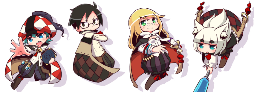 2boys 2girls 7th_dragon 7th_dragon_(series) :o animal_ear_fluff animal_ears black-framed_eyewear black_eyes black_hair blonde_hair blue_eyes blue_hair blunt_bangs blush book boots breasts brown_cape brown_footwear bubble_skirt cape checkered_cape checkered_clothes checkered_hat chibi closed_mouth drop_shadow frilled_skirt frills glasses glast_(7th_dragon) green_eyes hat holding holding_book ikurakun_(7th_dragon) knee_boots long_hair long_sleeves mage_(7th_dragon) multiple_boys multiple_girls naga_u open_mouth pants parted_lips pince-nez puffy_pants semi-rimless_eyewear sharuru_(7th_dragon) shirt short_eyebrows skirt small_breasts smile striped_clothes striped_pants striped_skirt thick_eyebrows under-rim_eyewear vanessa_(7th_dragon) vertical-striped_clothes vertical-striped_pants vertical-striped_skirt very_long_hair white_background white_hair white_shirt
