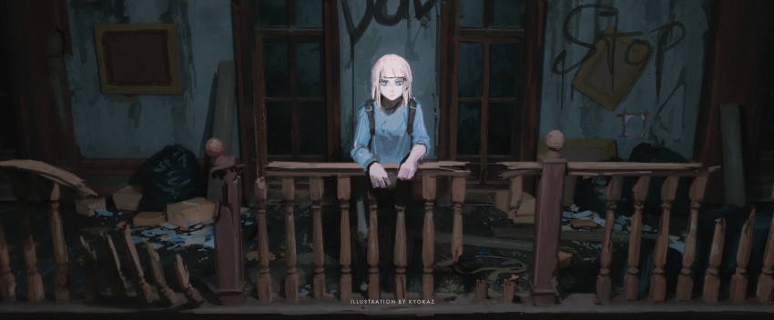 1girl absurdres against_railing artist_name backpack bag blue_eyes blue_shirt box broken closed_mouth commentary expressionless faiz_azhar highres indoors against_railing long_sleeves looking_at_viewer original pink_hair railing ruins shirt short_hair solo trash_bag wooden_railing writing_on_wall