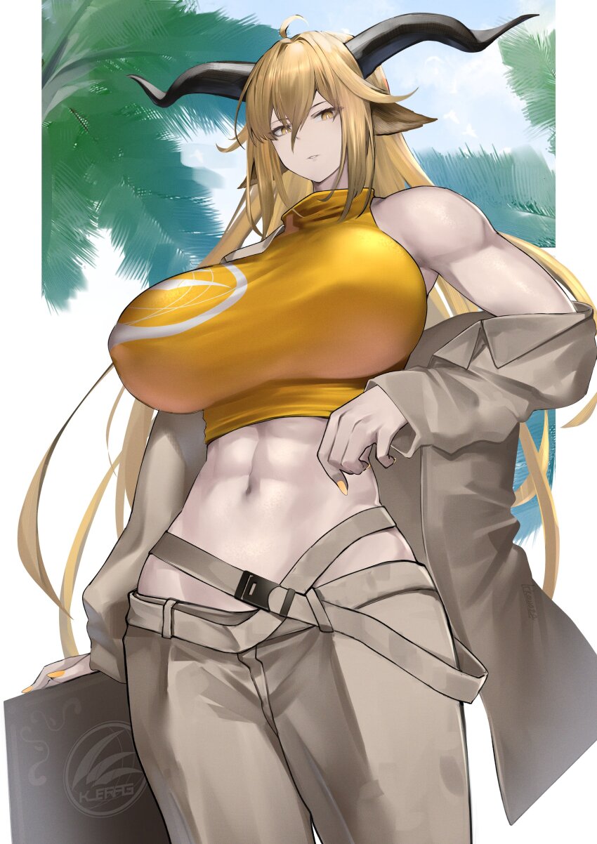 1girl absurdres animal_ears arknights blonde_hair breasts coat degenbrecher_(arknights) goat_ears goat_girl goat_horns grey_coat hair_between_eyes highres holding horns irkawaza long_hair open_clothes open_coat pants shirt solo very_long_hair yellow_eyes
