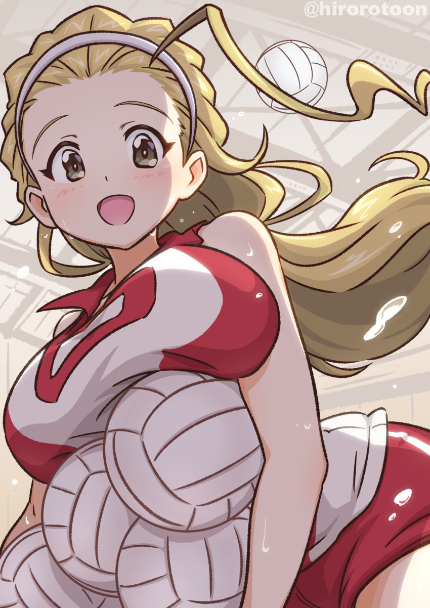 1girl ball bare_shoulders blonde_hair blush breasts buruma ehirorotoon girls_und_panzer green_eyes hairband highres large_breasts long_hair looking_at_viewer open_mouth red_buruma sasaki_akebi smile solo sportswear volleyball volleyball_(object) volleyball_uniform