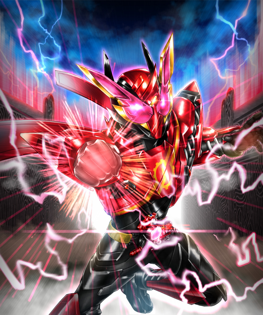 1boy armor build_driver rider_belt electricity flying gloves hazard_trigger highres incoming_attack incoming_punch kamen_rider kamen_rider_build kamen_rider_build_(series) leg_up male_focus military military_vehicle motor_vehicle power_armor powering_up punching rabbit rabbit+rabbit_form red_eyes rider_belt ryukawa tokusatsu
