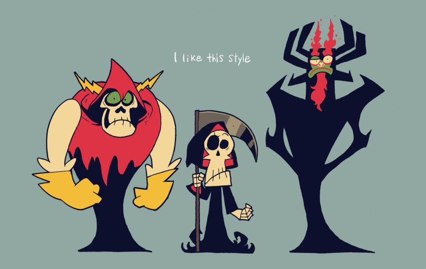 3boys :&lt; aku_(samurai_jack) black_hood blue_background cocked_eyebrow commentary company_connection crossover english_text fiery_beard fiery_hair frown full_body gloves grim_(grim_adventures) height_difference horns looking_at_viewer lord_hater male_focus multiple_boys no_humans rariatto_(ganguri) red_hood samurai_jack scythe simple_background skeleton standing the_grim_adventures_of_billy_&amp;_mandy trait_connection wander_over_yonder yellow_gloves