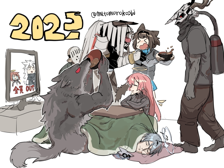 &gt;_&lt; 2025 4girls 5boys alternate_costume andoain_(arknights) animal_ears arknights bald black_hairband black_jacket black_shirt black_skin black_sweater bowl brown_pants character_request check_character closed_eyes colored_skin crossed_arms crying drinking exusiai_(arknights) famiglia_cleaner fox_ears fox_girl fox_tail grey_hair hairband halo hands_on_another&#039;s_shoulders highres hockey_mask holding holding_bowl horns jacket kotatsu lappland_(arknights) layered_sleeves lemuen_(arknights) long_sleeves mask miso_soup monster_boy multiple_boys multiple_girls muscular muscular_male mutomorokoshi new_year nose_bubble open_mouth pants patriot_(arknights) pink_hair rhodes_island_medic_(arknights) ribbed_sweater sarkaz_wither_devourer scared shirt short_hair short_over_long_sleeves short_sleeves simple_background sitting skull_mask sleeping small_sweatdrop smile streaming_tears sweater t-shirt table tail tears twitter_username under_kotatsu under_table walking werewolf white_background white_hair zaaro_(arknights)