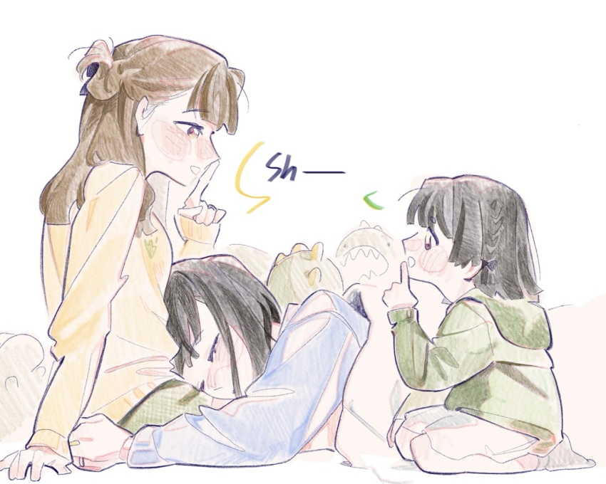 3girls black_hair blue_cardigan blunt_bangs blunt_ends braid brown_hair cardigan center-flap_bangs child commentary family finger_to_mouth gonzales_(love_live!) green_hoodie half-closed_eyes half_up_braid highres hood hood_down hoodie if_they_mated ips_cells kachimachi_kosuzu kachimachi_kosuzu_(summer_loungewear) lap_pillow link!_like!_love_live! long_hair long_sleeves looking_at_another love_live! momose_ginko momose_ginko_(summer_loungewear) multiple_girls open_mouth pink_eyes pipi_(m1x_mix) short_hair shushing side_braid sleeping sleeves_past_wrists stuffed_animal stuffed_dinosaur stuffed_toy sweater virtual_youtuber yellow_sweater yuri