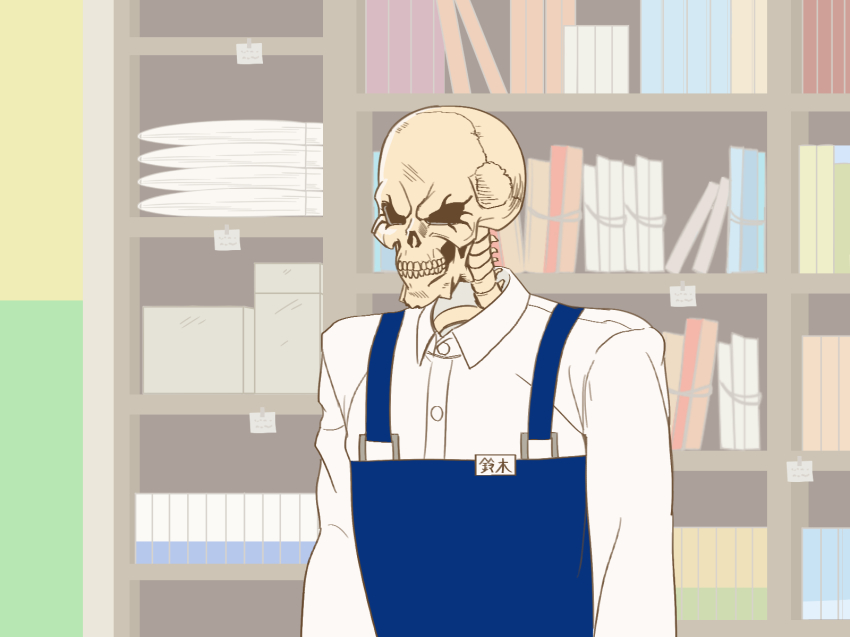 10s 1other ainz_ooal_gown apron blue_apron book bookshelf cosplay gaikotsu_shotenin_honda-san highres honda-san honda-san_(cosplay) imaani indoors long_sleeves overlord_(maruyama) shirt skeleton solo trait_connection uniform upper_body white_shirt