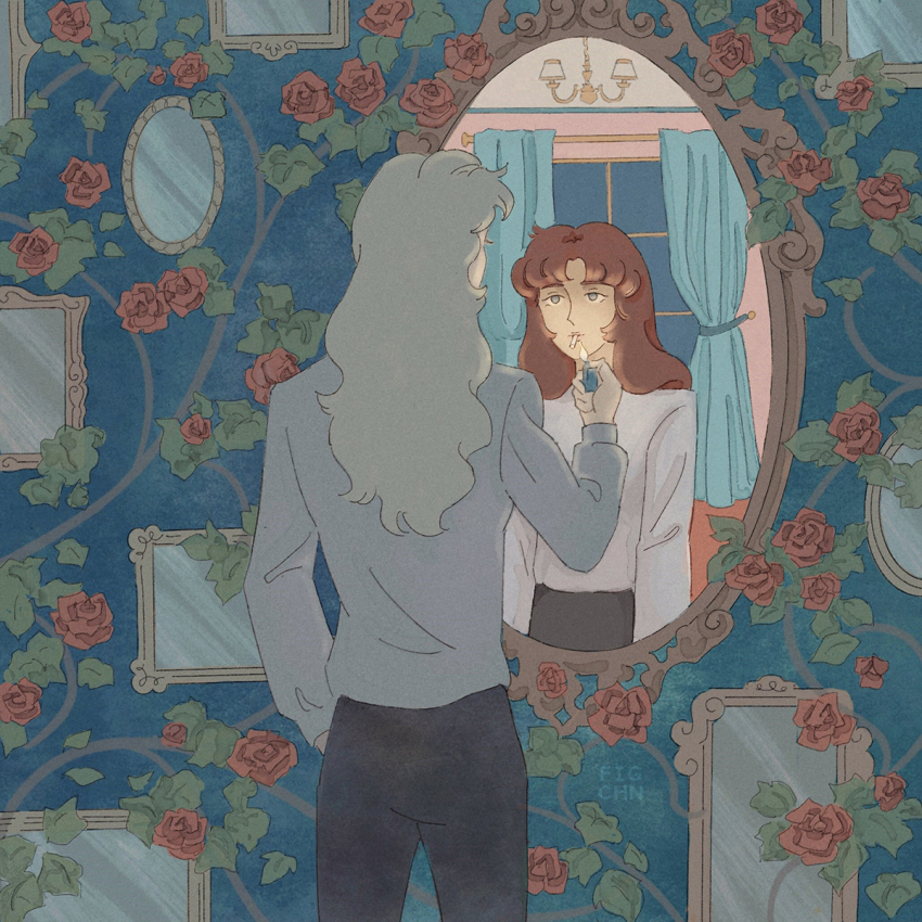 2girls asaka_rei black_pants brown_hair curtains eye_contact figchn highres holding holding_lighter indoors lighter long_hair looking_at_another mirror misonoo_nanako multiple_girls oniisama_e... pants shirt standing wallpaper_(object) white_shirt window