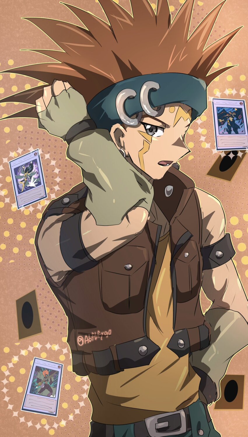 1boy abfbfygo bare_shoulders blackwing_armed_wing blackwing_armor_master blackwing_silverwind_the_ascendant breasts brown_background brown_vest cropped_vest crow_hogan facial_mark highres male_focus medium_breasts orange_hair shirt solo spiked_hair trading_card twitter_username vest yellow_shirt yu-gi-oh! yu-gi-oh!_5d&#039;s