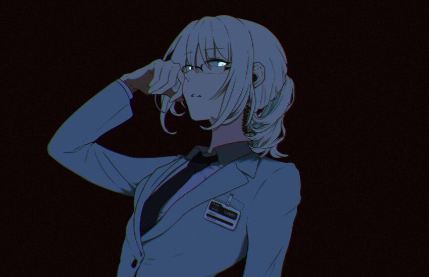 1girl an-94_(antje)_(girls&#039;_frontline) an-94_(girls&#039;_frontline) aqua_eyes blonde_hair blue_suit business_suit formal_clothes girls&#039;_frontline glasses glowing glowing_eyes highres id_card long_sleeves official_alternate_costume purinmeow solo suit upper_body