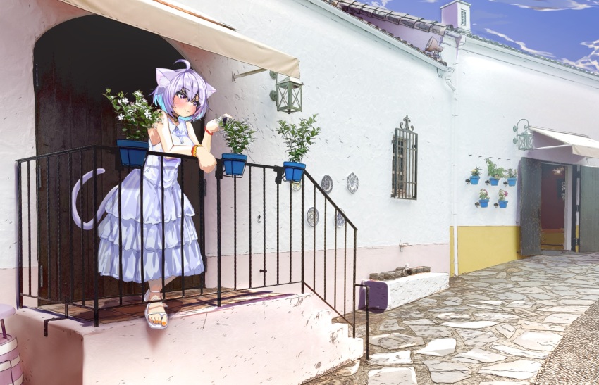 1girl against_railing alternate_costume animal_ear_fluff animal_ears blue_hair blue_sky cat_ears cat_girl cat_tail closed_mouth cloud colored_inner_hair dress frilled_dress frills highres hololive kajimakoto looking_at_viewer medium_hair multicolored_hair nekomata_okayu outdoors purple_eyes purple_hair railing sandals scenery sky smile solo tail two-tone_hair virtual_youtuber white_dress white_sandals
