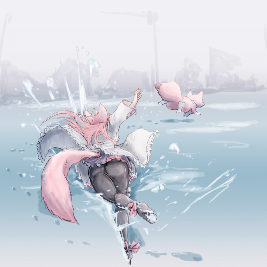 1girl animal_ears antenna_hair ass black_footwear black_pantyhose black_skirt bow clothing_cutout clumsy coat commentary_request creature cross-laced_clothes cross-laced_sleeves faceplant footwear_bow frilled_coat frilled_skirt frills from_behind hakui_koyori hakui_koyori_(1st_costume) high_heels highres hololive kokoro_(hakui_koyori) lab_coat long_hair long_sleeves miniskirt nymph_rhythm pantyhose pink_hair pleated_skirt pumps skirt snow solo tail tail_through_clothes tripping upskirt virtual_youtuber white_coat wolf_ears wolf_girl wolf_tail
