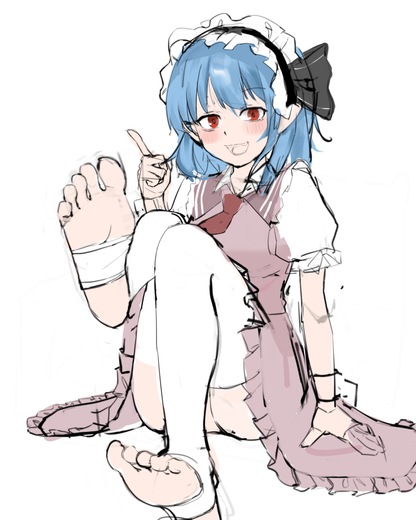 1girl absurdres barefoot blue_hair blush feet highres looking_at_viewer medium_hair nuclearzhenwan open_mouth red_eyes remilia_scarlet soles stirrup_legwear thighhighs toeless_legwear toes touhou white_thighhighs