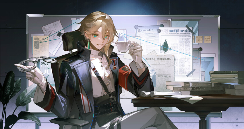 1boy absurdres ahoge aqua_eyes bad_source blonde_hair book bulletin_board chair coat crossed_legs cuffs cup earrings eyelashes gloves grey_pants grin hair_between_eyes handcuffs harness highres holding holding_cup indoors jewelry long_sleeves looking_at_viewer magnet male_focus medal medium_hair note original pants paper plant potted_plant scroll shirt sitting smile solo table teacup teeth thigh_strap white_gloves white_shirt yipei