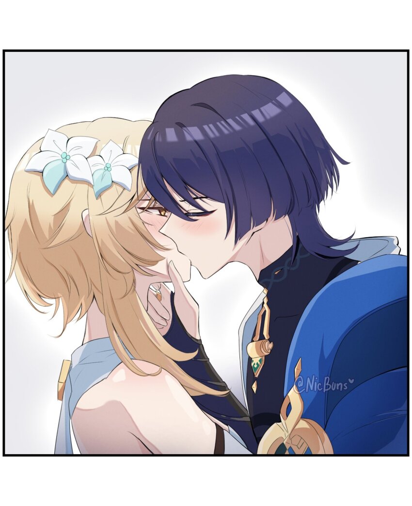 1boy 1girl adam&#039;s_apple aqua_flower armor black_bodysuit black_border black_bridal_gauntlets black_hair blonde_hair blue_cape blunt_ends blush bodysuit border bridal_gauntlets bright_pupils cape couple covered_collarbone detached_sleeves drooling eyelashes face-to-face fingernails flower from_side genshin_impact gold gold_ring hair_flower hair_ornament half-closed_eyes hand_on_another&#039;s_chin hetero highres japanese_armor japanese_clothes kimono kiss kote kurokote looking_at_another lumine_(genshin_impact) mandarin_collar middle_ring mouth_drool multicolored_flower nicbuns open_clothes open_kimono open_mouth profile saliva scaramouche_(genshin_impact) scarf short_hair short_hair_with_long_locks sidelocks twitter_username wanderer_(genshin_impact) white_flower white_kimono white_pupils white_scarf white_sleeves yellow_eyes