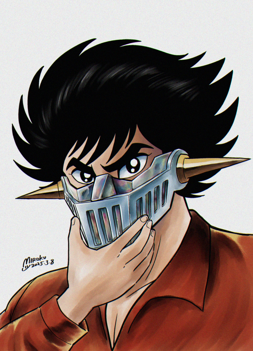 1boy 2025 black_eyes black_hair collared_shirt cosplay dated grey_mask hand_up head_spikes highres holding holding_mask kabuto_kouji long_sleeves male_focus mask mazinger_(series) mazinger_z mazinger_z_(mecha) mazinger_z_(mecha)_(cosplay) miroku_(miroku_t) mouth_mask portrait red_shirt shirt short_hair solo spiked_hair steel_mask v-shaped_eyebrows