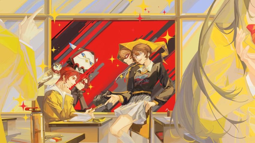 1girl 2boys absurdres animal animal_on_shoulder arai_motoha ball_and_chain_(weapon) belt bird black_belt black_jacket black_shirt blue_eyes bodysuit book brown_hair chair chinese_commentary classroom closed_mouth clothes_writing collared_shirt colored_sclera commentary_request desk different_reflection domino_mask drawstring elbow_rest eraser goggles goggles_around_neck hair_between_eyes highres holding holding_pen holding_weapon hood hood_down hood_up hooded_bodysuit hoodie indoors jacket juice_box kneehighs leaning_on_object long_sleeves looking_at_another luffel_(p5x) mask multiple_boys open_mouth owl parted_lips pen people persona persona_5 persona_5:_the_phantom_x pleated_skirt red_eyes red_hair red_mask reflection school school_chair school_desk school_uniform shirt short_hair sin_node sitting skirt smirk socks sparkle sweater thermos weapon white_hoodie white_shirt white_socks wide_shot window wonder_(p5x) yellow_bodysuit yellow_hood yellow_jacket yellow_sclera yellow_sweater