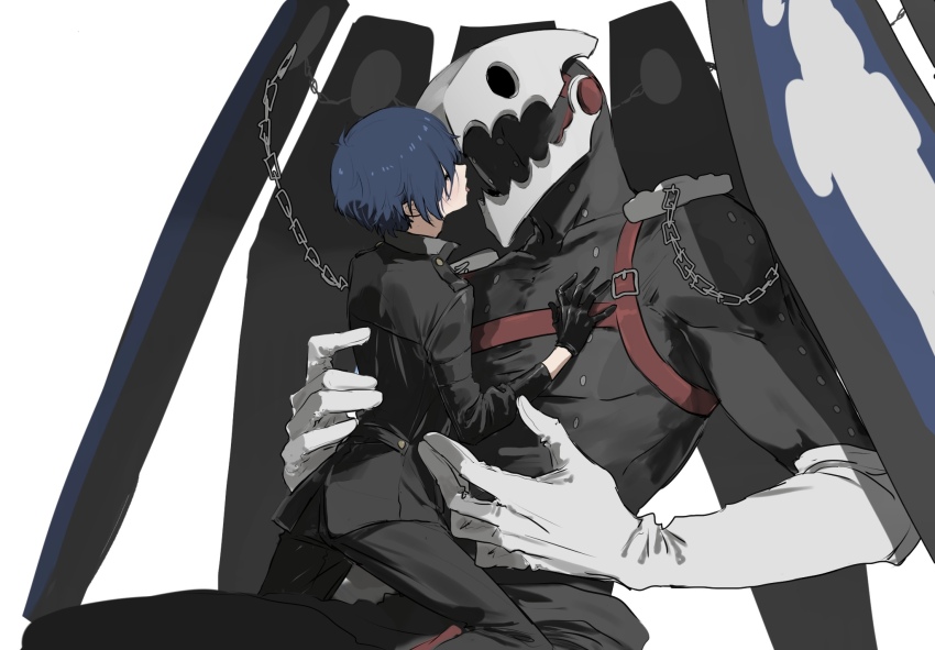 2boys black_gloves black_jacket black_pants blue_hair blush chain closed_eyes gekkoukan_high_school_uniform gloves hair_between_eyes highres jacket long_sleeves male_focus multiple_boys pants persona persona_3 school_uniform simple_background tamaon_2525 thanatos_(persona) tongue tongue_out white_background white_gloves yaoi yuuki_makoto_(persona_3)