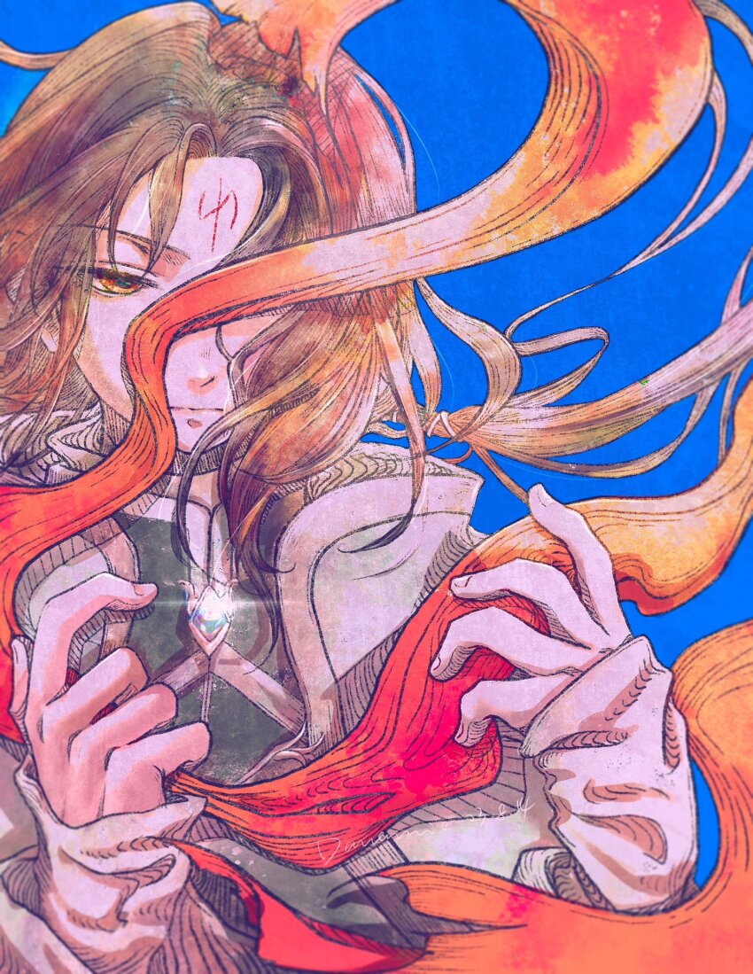 1boy artist_name blue_background commentary danannie dated english_commentary facial_mark fire_emblem fire_emblem:_radiant_dawn forehead_mark headband highres holding_headband long_hair male_focus nintendo official_alternate_costume red_eyes solo soren_(fire_emblem) soren_(radiant_confidant)_(fire_emblem) unworn_headband upper_body