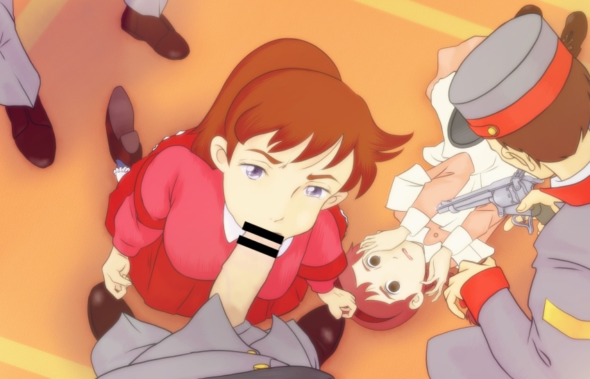 2girls 3boys ai_no_wakakusa_monogatari at_gunpoint bar_censor blue_eyes brown_hair censored clothed_sex collar disgust dress elizabeth_march empty_eyes eyebrows fellatio gun hands_on_own_face hat hetero josephine_march kneeling military multiple_boys multiple_girls oral penis pink_dress ponytail pov pov_crotch rape red_dress scared shoes weapon world_masterpiece_theater