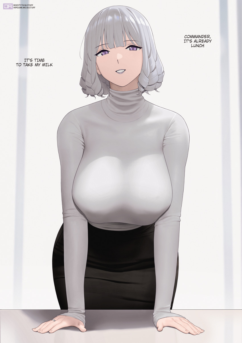 1girl black_skirt breasts commentary covered_collarbone drill_hair english_text fingernails girls&#039;_frontline grey_hair hands_on_table highres j_adsen jewelry large_breasts leaning_forward long_sleeves looking_at_viewer mature_female office_lady purple_eyes purple_lips ring rpk-16_(girls&#039;_frontline) shirt short_hair skirt smile solo turtleneck turtleneck_shirt watermark web_address wedding_ring white_shirt