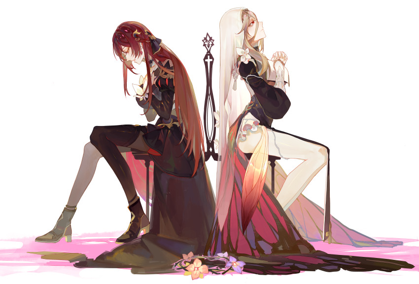 2girls absurdres aponia_(honkai_impact) back-to-back black_footwear blue_eyes boots brown_hair chair chinese_commentary dress eden_(honkai_impact) full_body german_commentary highres honkai_(series) honkai_impact_3rd long_hair long_sleeves mixed-language_commentary multiple_girls nnikko nun own_hands_together purple_dress purple_eyes seiza simple_background sitting thighhighs white_background