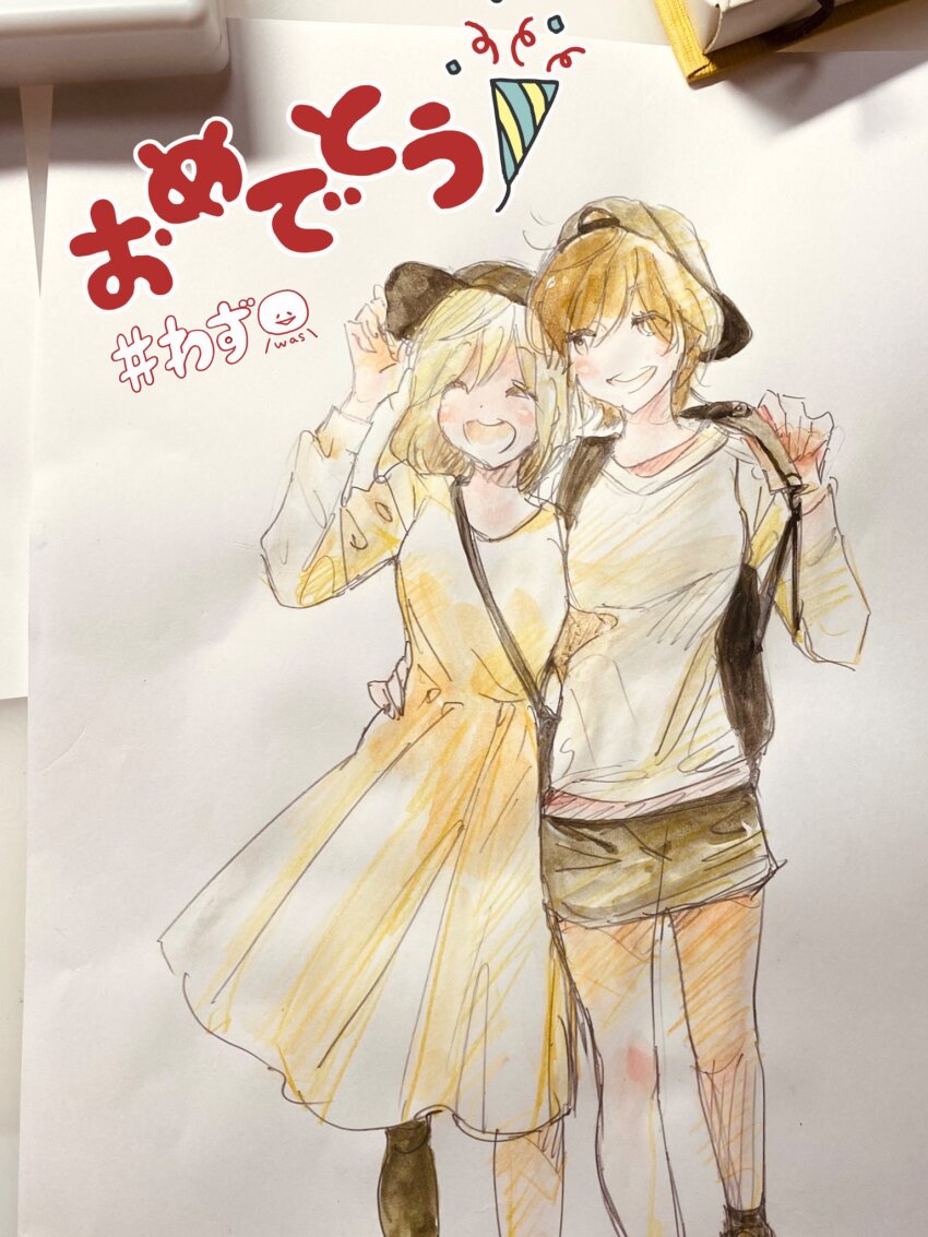 2girls asagao_to_kase-san blonde_hair closed_eyes commentary dress highres kase_tomoka long_sleeves multiple_girls official_art orange_hair photo_(medium) short_hair sketch smile takashima_hiromi tomboy traditional_media yamada_yui yellow_dress yuri