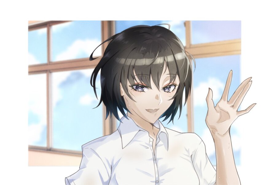 1girl amagami black_eyes black_hair collared_shirt commentary_request hand_up looking_at_viewer morimonison nanasaki_ai open_mouth palms shirt short_hair solo upper_body waving white_shirt window