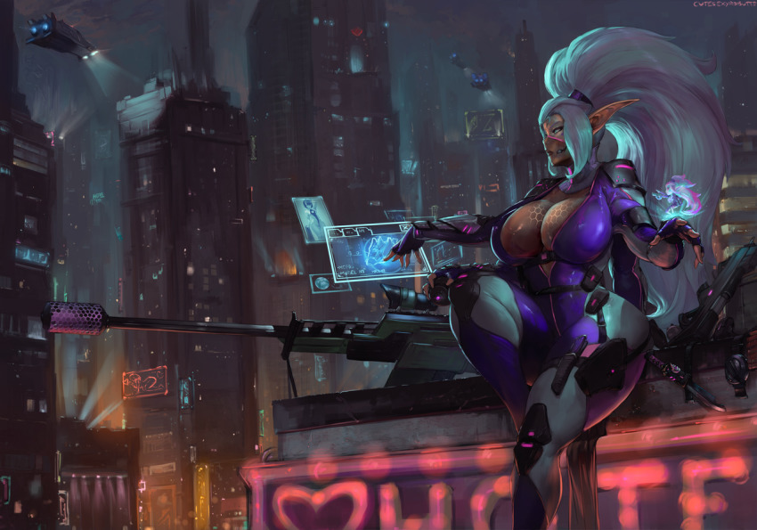 1girl arm_guards armor assault_rifle augmented_reality big_hair billboard blue_eyes bodysuit breasts building city cityscape cleavage commission curvy cutesexyrobutts cyberpunk fantasy female_focus fingerless_gloves gloves gun heads-up_display high_ponytail hologram holographic_interface holographic_touchscreen huge_breasts knee_pads knife knife_sheath lights long_hair mask microphone mouth_mask mutant neon_lights night night_sky ninja_mask open_bodysuit open_clothes original pointy_ears ponytail purple_bodysuit rifle science_fiction sheath shoulder_pads sidelocks sitting sky skyscraper sniper_rifle solo spacecraft strap tan thick_thighs thighs user_interface vehicle very_long_hair weapon white_hair wide_hips